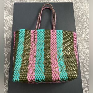 Mexican woven bag teal, pink, & gold. Great condition